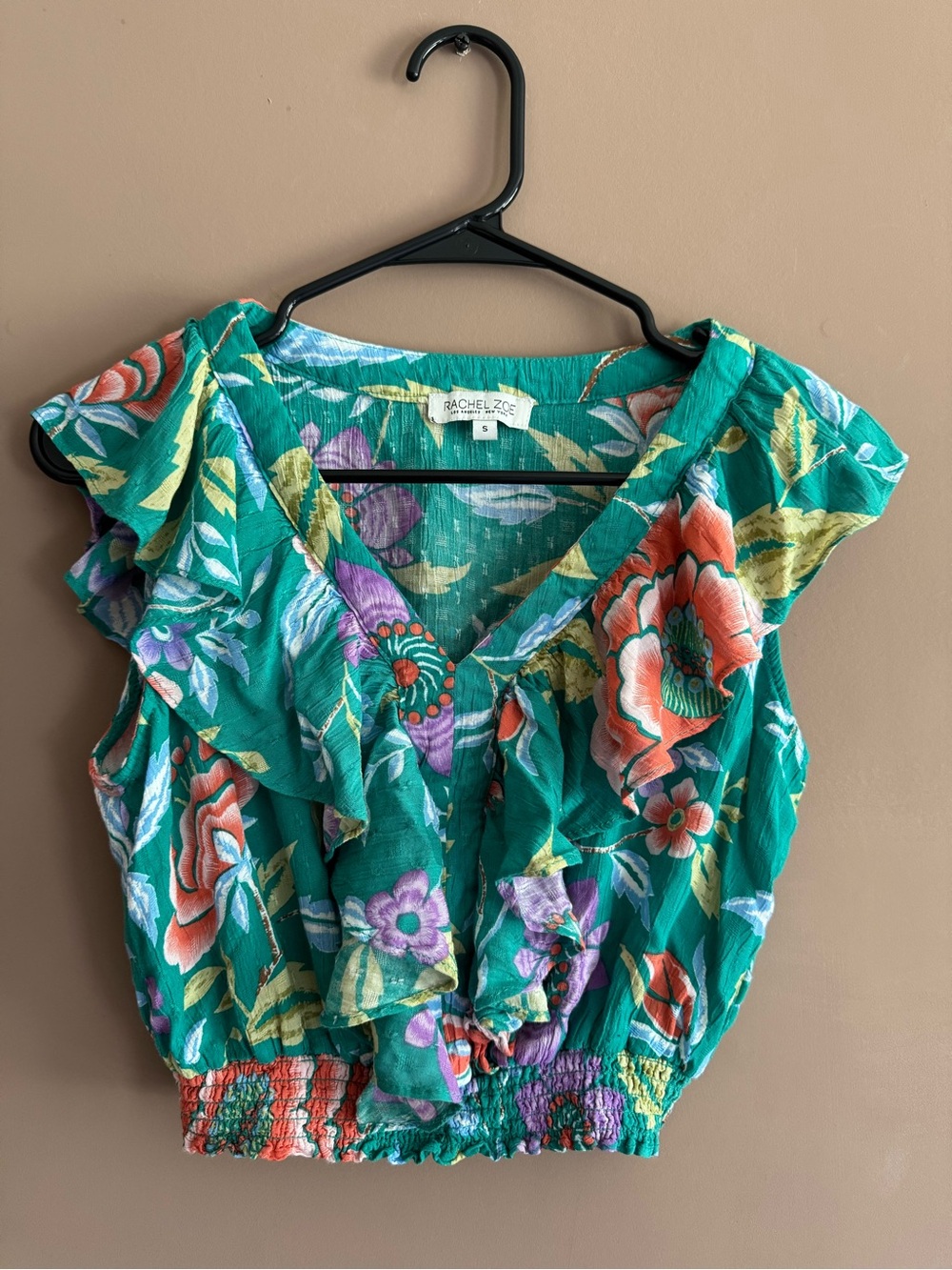 Rachel Zoe Teal Floral Ruffle V-Neck Blouse